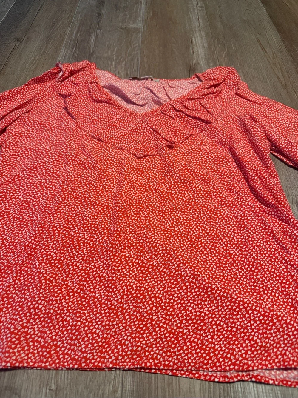 LOFT Coral Red Printed Ruffle V-Neck Blouse